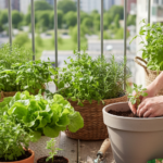 Pessoa plantando mudas em vasos com ervas em uma varanda clara de apartamento, com luz natural.
