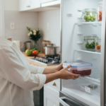 Pessoa colocando um recipiente fechado com alimento congelado na prateleira inferior de uma geladeira limpa e organizada.