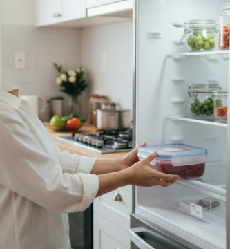 Pessoa colocando um recipiente fechado com alimento congelado na prateleira inferior de uma geladeira limpa e organizada.