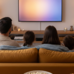 Família sentada no sofá em uma sala acolhedora, com pipoca e televisão sem conteúdo identificável, escolhendo um filme para assistir junta.