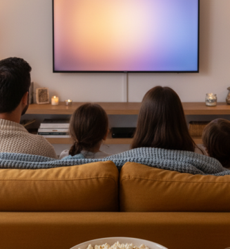 Família sentada no sofá em uma sala acolhedora, com pipoca e televisão sem conteúdo identificável, escolhendo um filme para assistir junta.