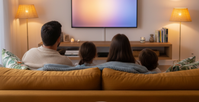 Família sentada no sofá em uma sala acolhedora, com pipoca e televisão sem conteúdo identificável, escolhendo um filme para assistir junta.