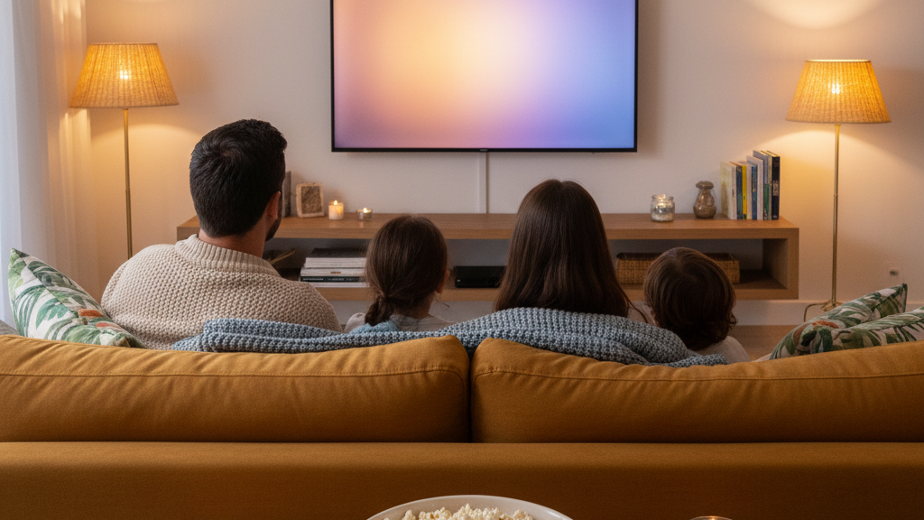 Família sentada no sofá em uma sala acolhedora, com pipoca e televisão sem conteúdo identificável, escolhendo um filme para assistir junta.