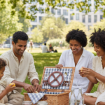 Família fazendo um piquenique no gramado de um parque, com cesta, potes fechados e garrafas reutilizáveis.
