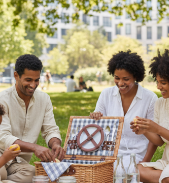 Família fazendo um piquenique no gramado de um parque, com cesta, potes fechados e garrafas reutilizáveis.