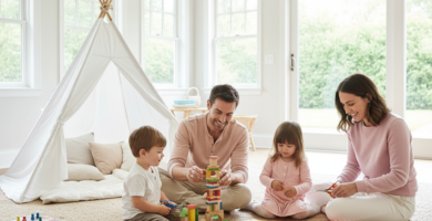 Família brincando no chão da sala com blocos, papéis coloridos e cabana de lençol, sem uso de telas.