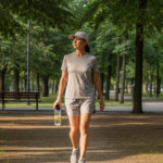Pessoa caminhando em parque arborizado, com roupa leve, boné e garrafa de água, em dia quente.