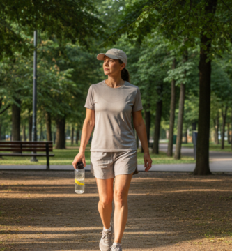 Pessoa caminhando em parque arborizado, com roupa leve, boné e garrafa de água, em dia quente.