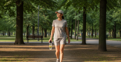 Pessoa caminhando em parque arborizado, com roupa leve, boné e garrafa de água, em dia quente.
