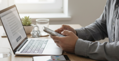 Pessoa usando smartphone e notebook em uma mesa clara, com um pequeno cadeado decorativo, ilustrando a verificação em duas etapas.