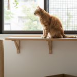 Gato laranja em apartamento, sentado em prateleira junto a uma janela protegida, com arranhador e caixa de papelão para enriquecer o ambiente.
