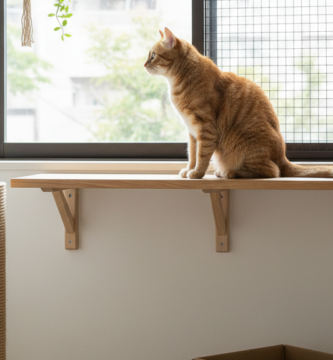 Gato laranja em apartamento, sentado em prateleira junto a uma janela protegida, com arranhador e caixa de papelão para enriquecer o ambiente.