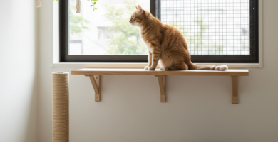 Gato laranja em apartamento, sentado em prateleira junto a uma janela protegida, com arranhador e caixa de papelão para enriquecer o ambiente.