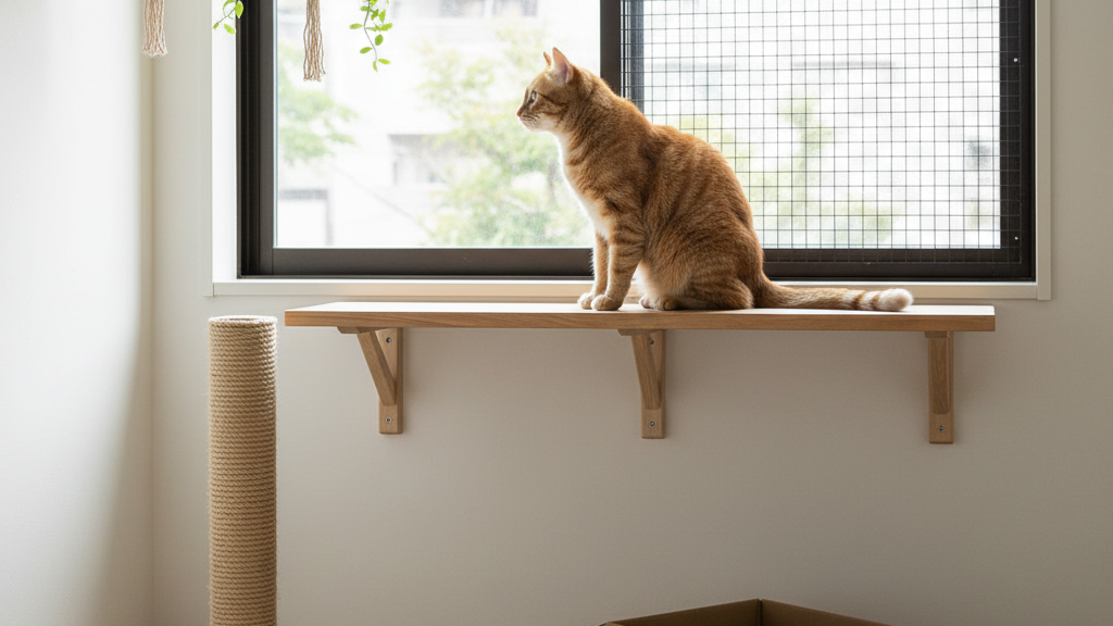 Gato laranja em apartamento, sentado em prateleira junto a uma janela protegida, com arranhador e caixa de papelão para enriquecer o ambiente.