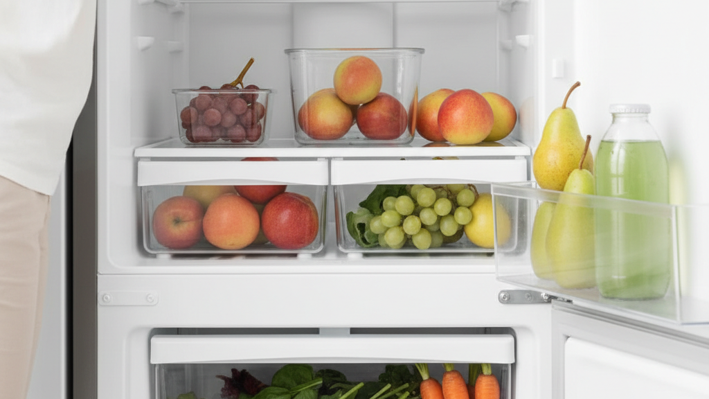 Pessoa organizando morangos, folhas verdes, cenouras e outras frutas e verduras em uma geladeira doméstica limpa e clara.
