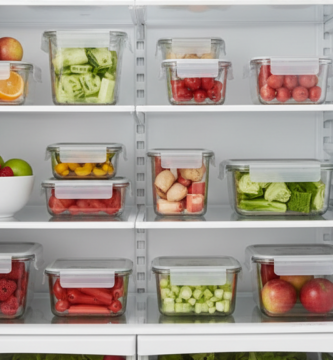 Geladeira doméstica organizada com frutas, verduras e alimentos em potes transparentes, vista frontal.