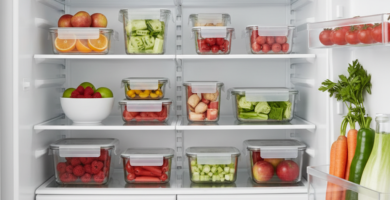 Geladeira doméstica organizada com frutas, verduras e alimentos em potes transparentes, vista frontal.