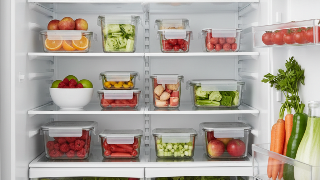 Geladeira doméstica organizada com frutas, verduras e alimentos em potes transparentes, vista frontal.
