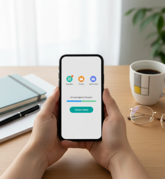 Pessoa segurando um smartphone com tela genérica de organização de armazenamento, mesa limpa e luz natural.