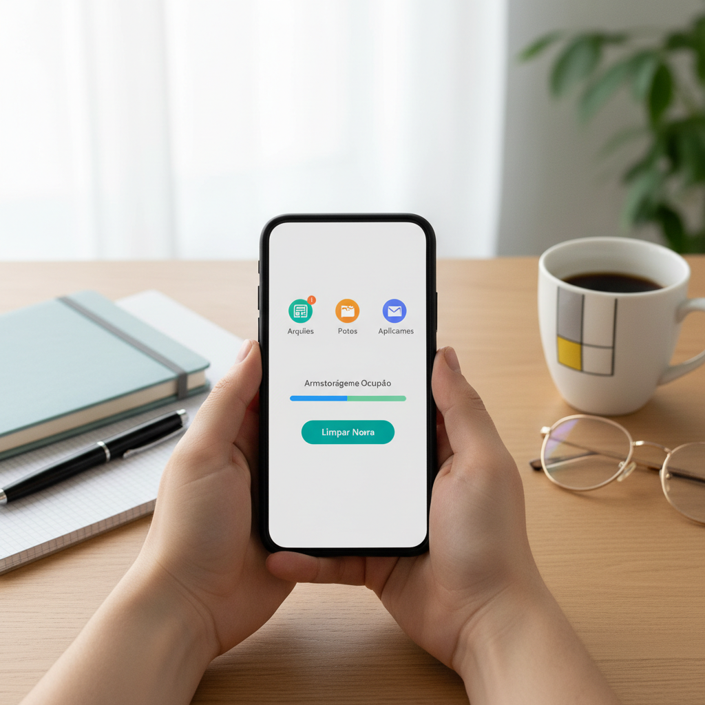 Pessoa segurando um smartphone com tela genérica de organização de armazenamento, mesa limpa e luz natural.