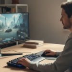 Pessoa jogando no computador com celular exibindo um escudo e cadeado, representando proteção de conta de jogos online.