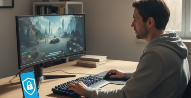 Pessoa jogando no computador com celular exibindo um escudo e cadeado, representando proteção de conta de jogos online.