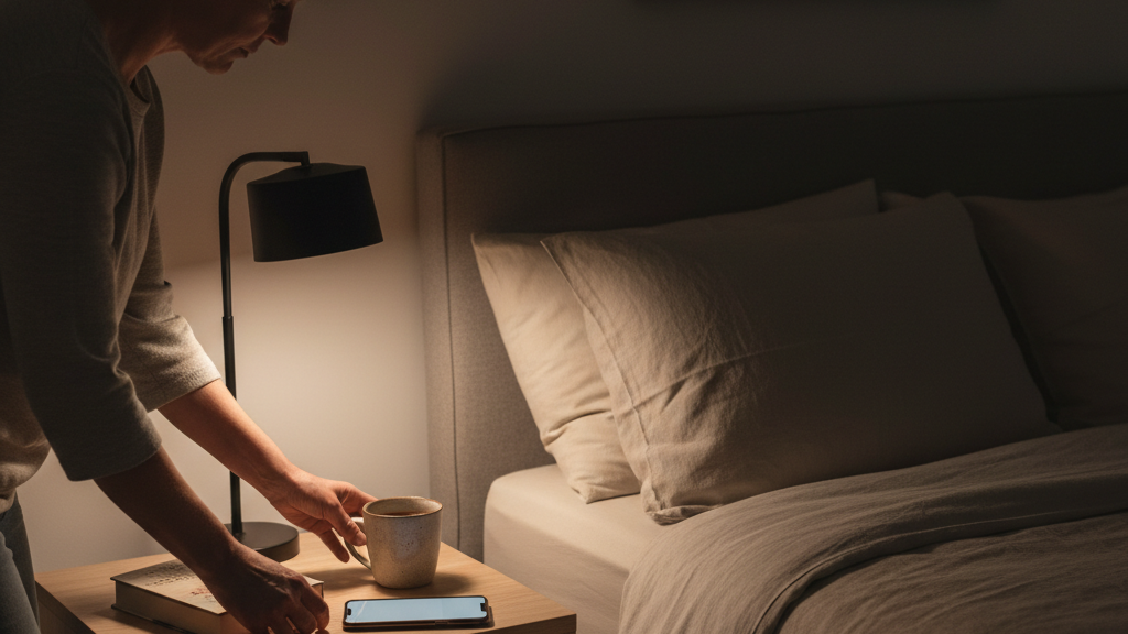 Pessoa organizando um livro e uma xícara no criado-mudo de um quarto com luz baixa, preparando uma rotina de sono tranquila.