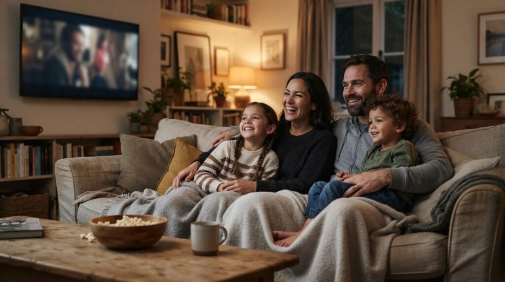Família assistindo filme junta no sofá, representando conexão entre pais e filhos.
