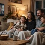 Família assistindo filme junta no sofá, representando conexão entre pais e filhos.