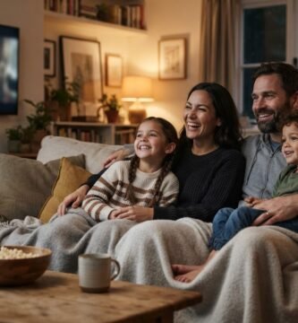 Família assistindo filme junta no sofá, representando conexão entre pais e filhos.