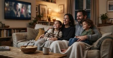 Família assistindo filme junta no sofá, representando conexão entre pais e filhos.
