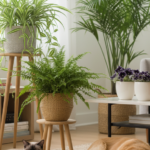Sala clara com plantas em vasos, um gato e um cachorro descansando, ilustrando plantas seguras para pets.