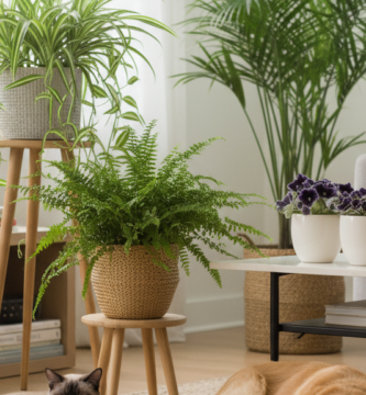 Sala clara com plantas em vasos, um gato e um cachorro descansando, ilustrando plantas seguras para pets.