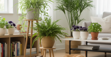 Sala clara com plantas em vasos, um gato e um cachorro descansando, ilustrando plantas seguras para pets.