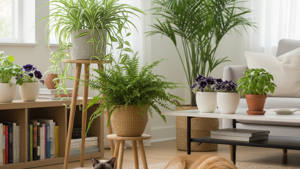 Sala clara com plantas em vasos, um gato e um cachorro descansando, ilustrando plantas seguras para pets.