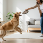 Pessoa brincando de buscar com cachorro dourado em uma sala clara, com brinquedos simples no chão.