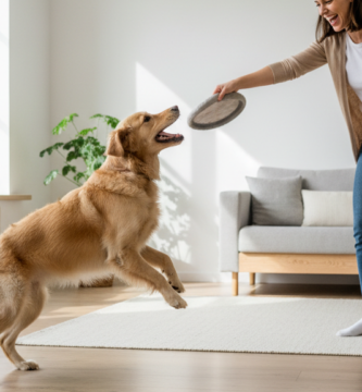 Pessoa brincando de buscar com cachorro dourado em uma sala clara, com brinquedos simples no chão.
