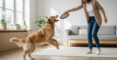 Pessoa brincando de buscar com cachorro dourado em uma sala clara, com brinquedos simples no chão.