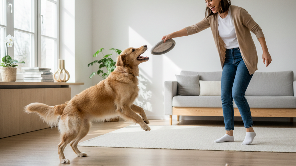 Pessoa brincando de buscar com cachorro dourado em uma sala clara, com brinquedos simples no chão.