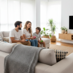 Família sentada no sofá conversando e segurando controles de videogame em uma sala clara, com televisão desligada ao fundo.