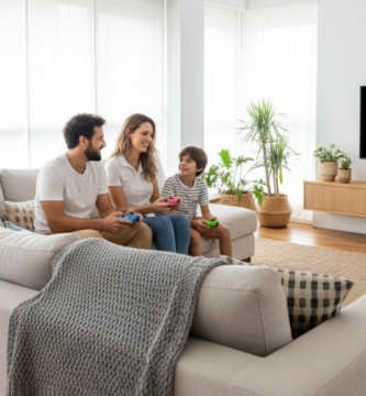 Família sentada no sofá conversando e segurando controles de videogame em uma sala clara, com televisão desligada ao fundo.