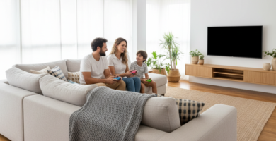 Família sentada no sofá conversando e segurando controles de videogame em uma sala clara, com televisão desligada ao fundo.