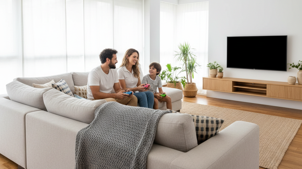 Família sentada no sofá conversando e segurando controles de videogame em uma sala clara, com televisão desligada ao fundo.