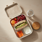 Lancheira aberta sobre mesa clara com sanduíche, frutas, cenoura, iogurte e garrafa de água, ilustrando um lanche escolar variado.