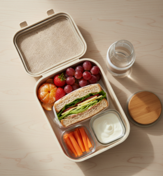 Lancheira aberta sobre mesa clara com sanduíche, frutas, cenoura, iogurte e garrafa de água, ilustrando um lanche escolar variado.