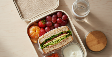 Lancheira aberta sobre mesa clara com sanduíche, frutas, cenoura, iogurte e garrafa de água, ilustrando um lanche escolar variado.