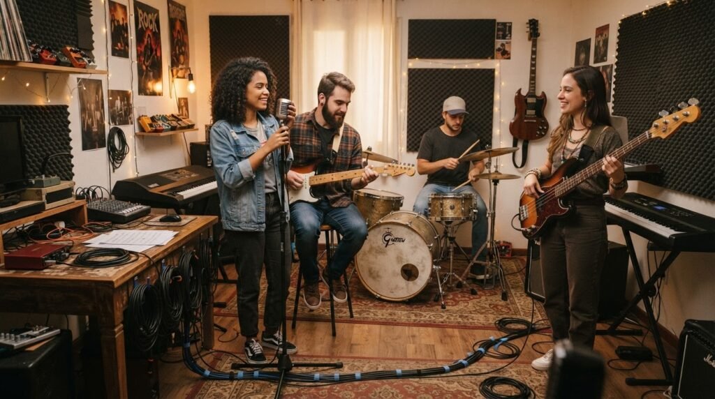 Banda se preparando para ensaiar em estúdio caseiro com instrumentos, microfone e cabos organizados.