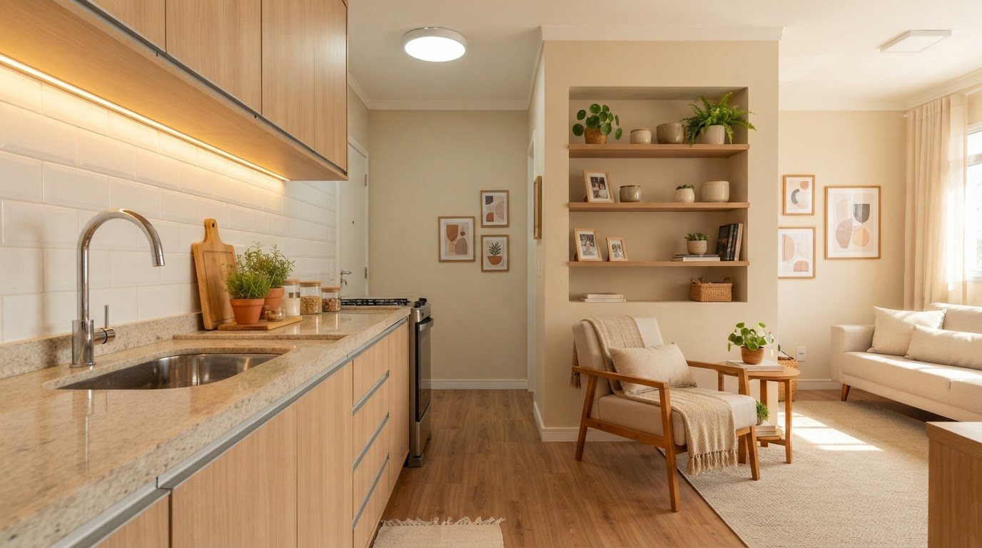 Plafon LED, fita LED, torneira e prateleiras para renovar a casa.