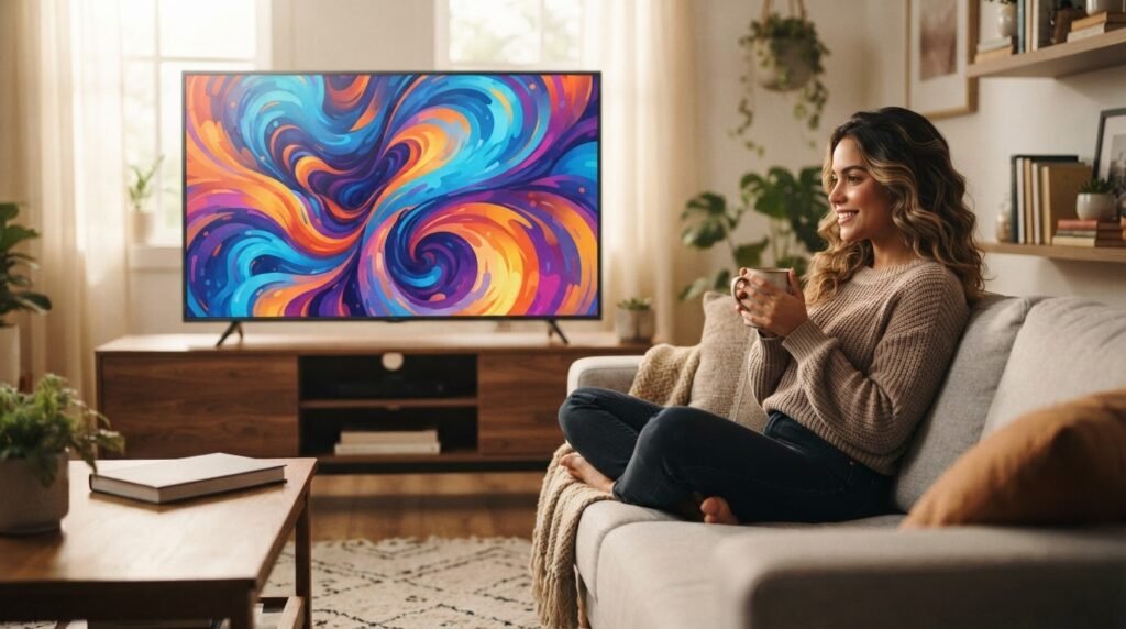 Sala aconchegante com smart TV moderna, representando dica de compra de TV por menos de 1000 reais.