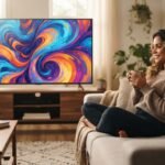 Sala aconchegante com smart TV moderna, representando dica de compra de TV por menos de 1000 reais.